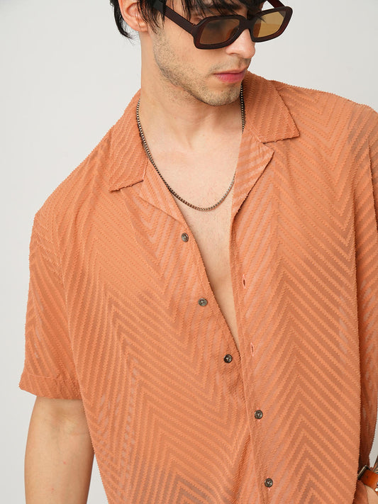 Squash Orange Textured Chiffon Oversized Shirt