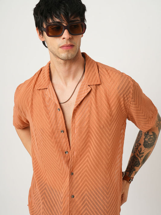 Squash Orange Textured Chiffon Oversized Shirt