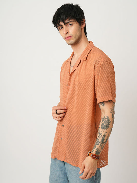 Squash Orange Textured Chiffon Oversized Shirt