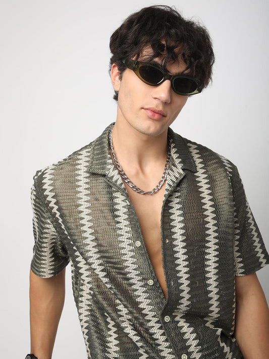 Zig-Zag Olive Crochet Oversized Shirt