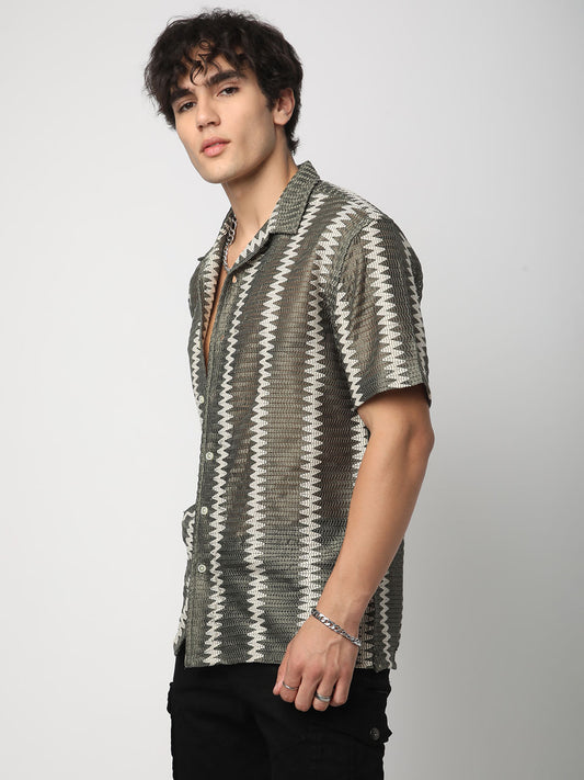 Zig-Zag Olive Crochet Oversized Shirt