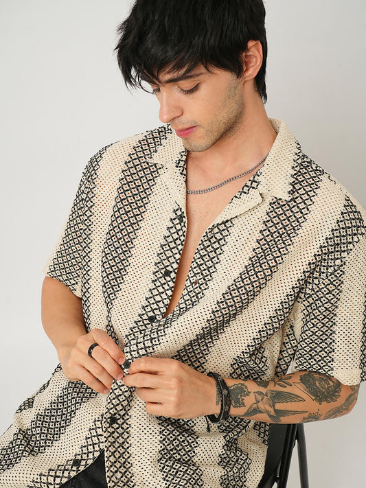 Beige & Black Crochet Oversized Shirt