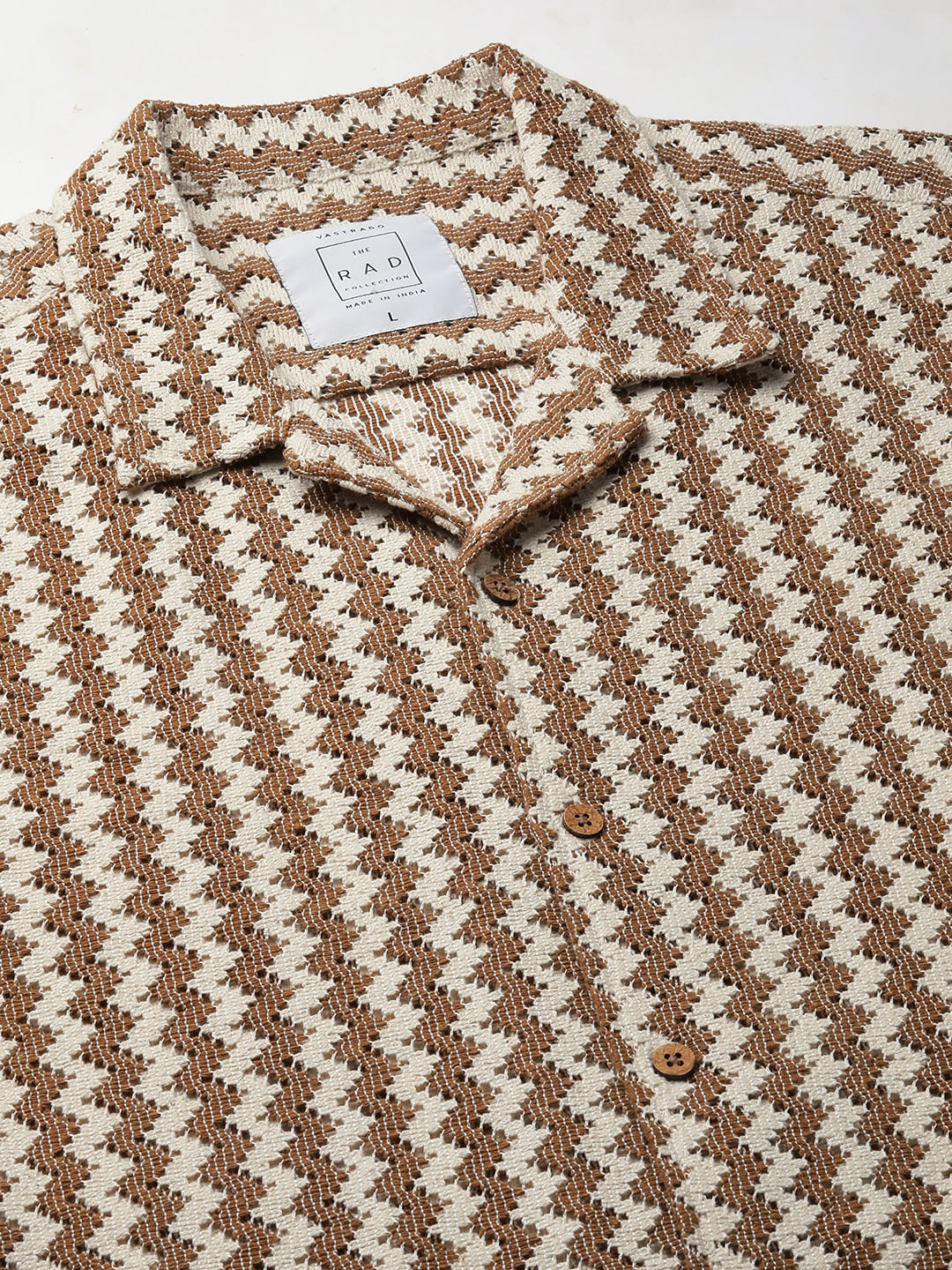 Beige Chevron Striped Oversized Crochet Shirt