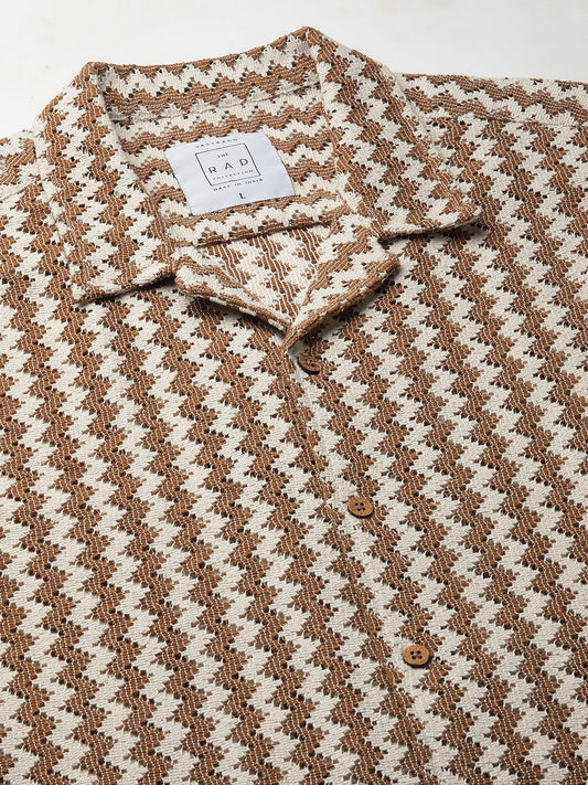 Beige Chevron Striped Oversized Crochet Shirt