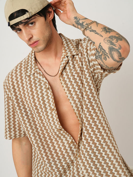 Beige Chevron Striped Oversized Crochet Shirt