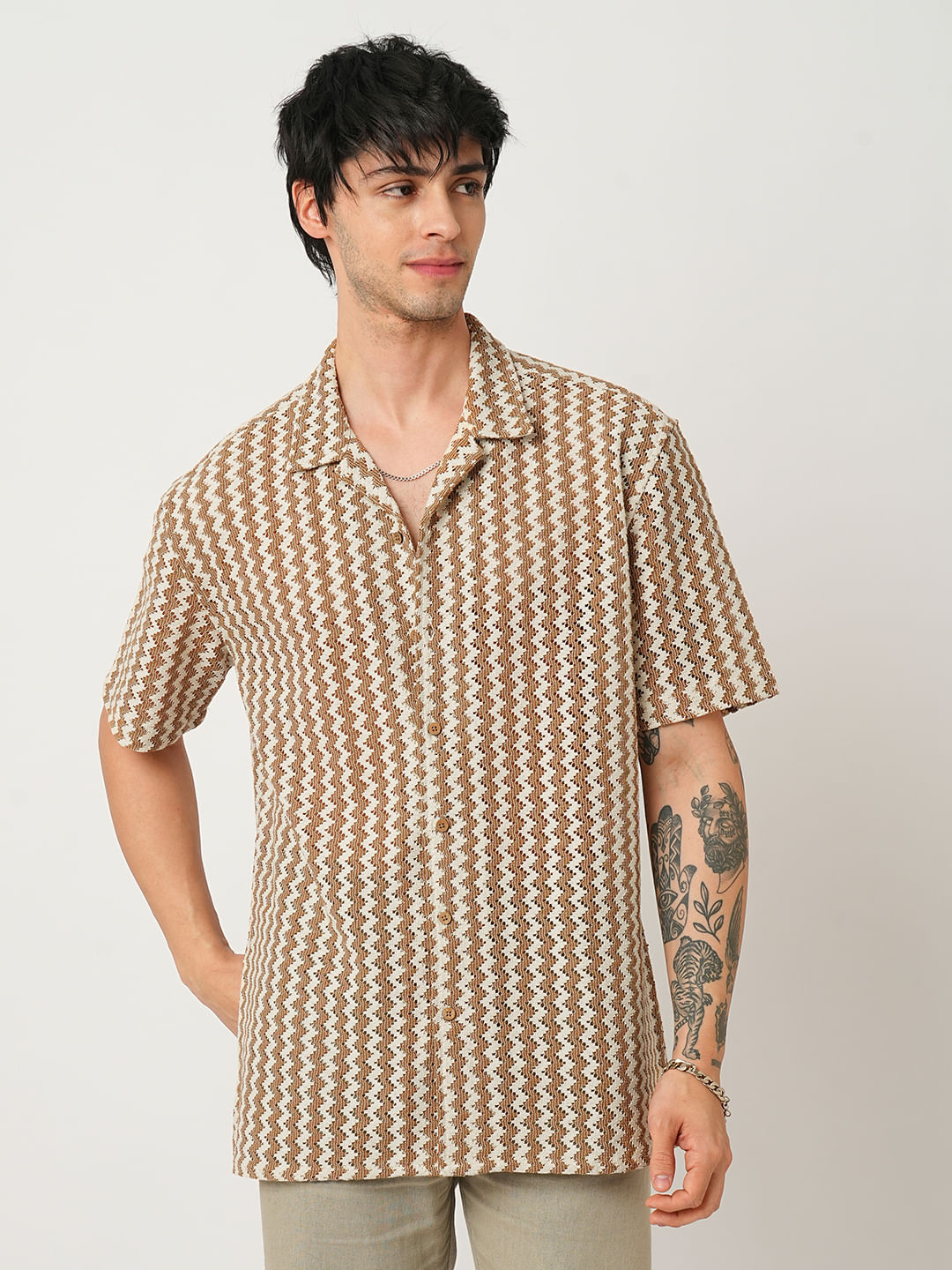 Beige Chevron Striped Oversized Crochet Shirt