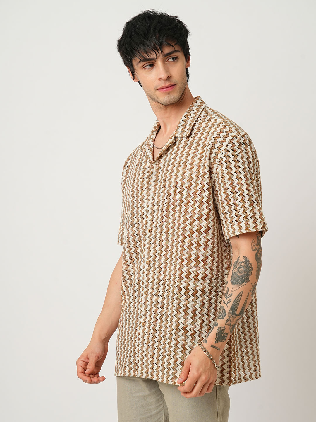 Beige Chevron Striped Oversized Crochet Shirt