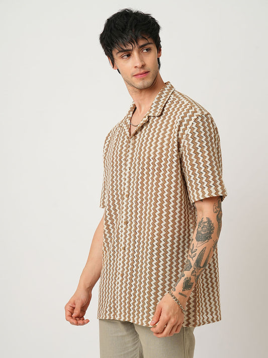 Beige Chevron Striped Oversized Crochet Shirt