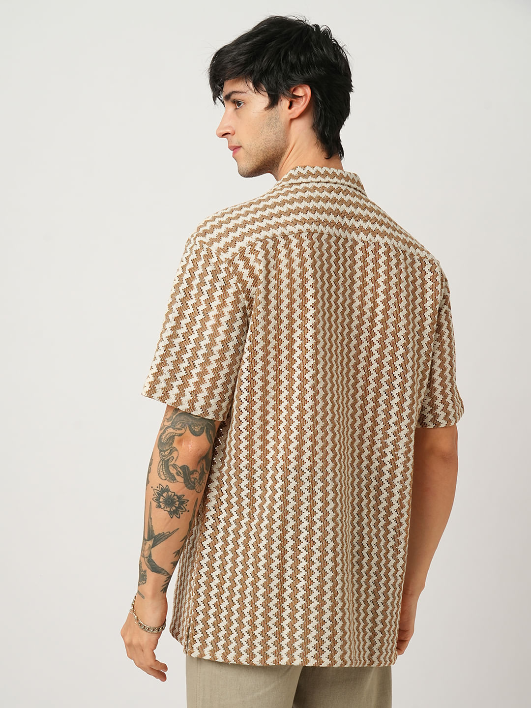 Beige Chevron Striped Oversized Crochet Shirt