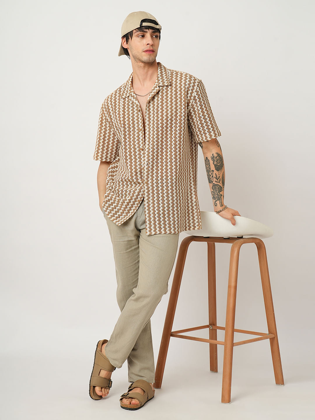 Beige Chevron Striped Oversized Crochet Shirt