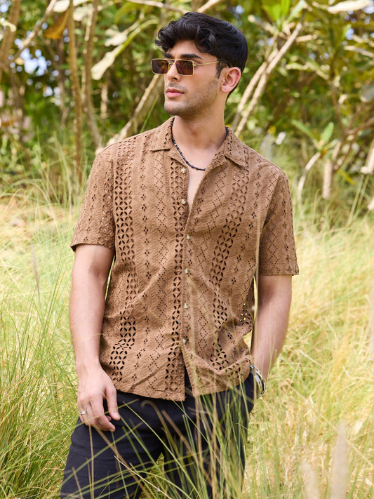 Intricate Schiffli Brown Oversized Shirt