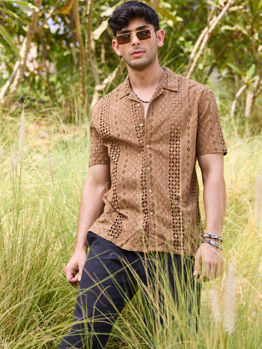 Intricate Schiffli Brown Oversized Shirt