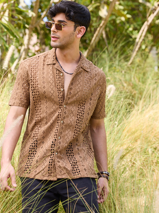 Intricate Schiffli Brown Oversized Shirt