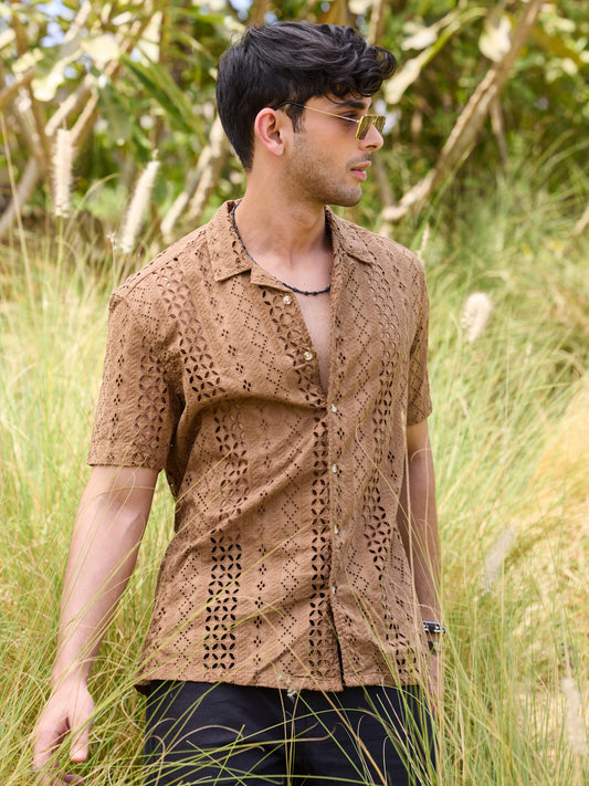 Intricate Schiffli Brown Oversized Shirt