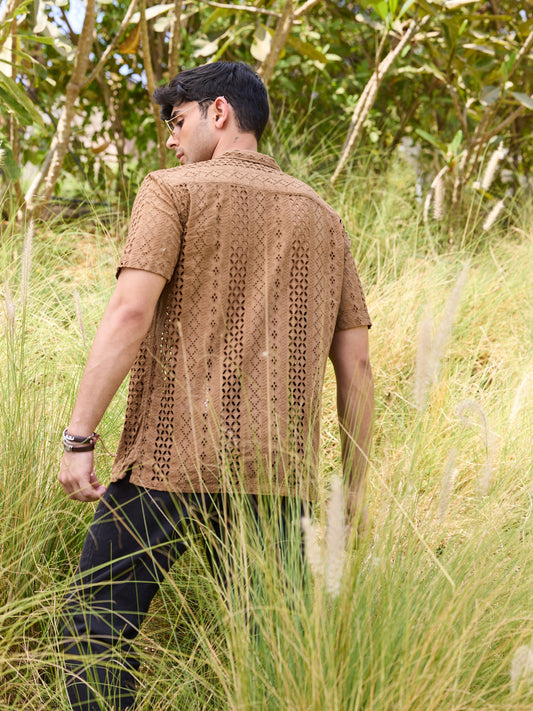 Intricate Schiffli Brown Oversized Shirt