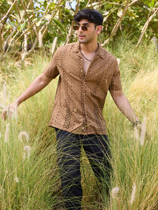 Intricate Schiffli Brown Oversized Shirt