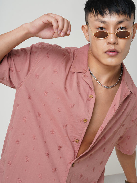 Minimalist Floral Coral Embroidered Oversized Shirt