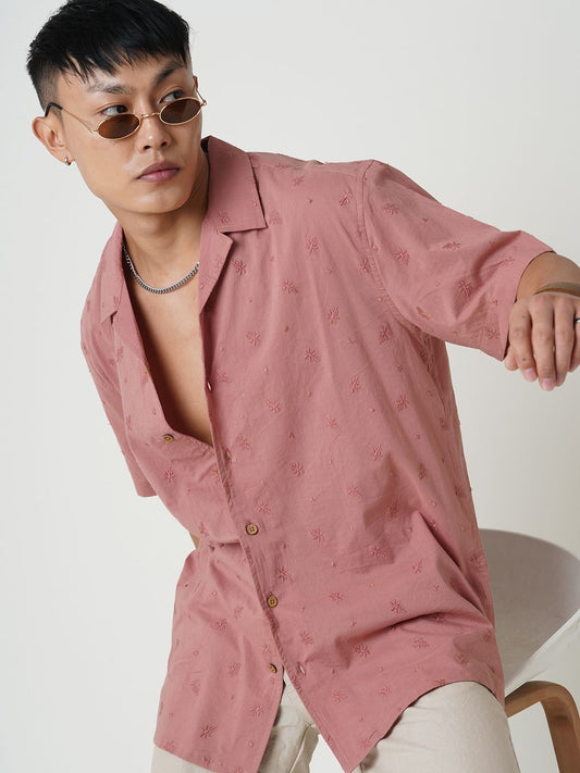 Minimalist Floral Coral Embroidered Oversized Shirt