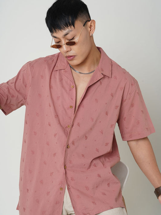 Minimalist Floral Coral Embroidered Oversized Shirt