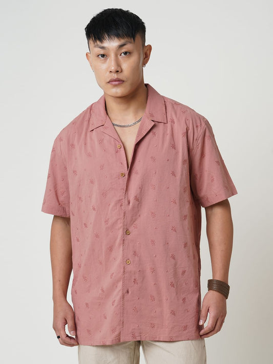 Minimalist Floral Coral Embroidered Oversized Shirt