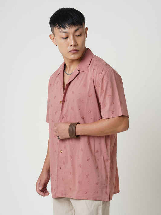 Minimalist Floral Coral Embroidered Oversized Shirt
