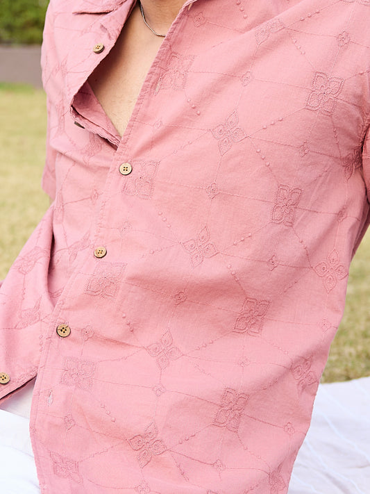 Intricate Geometric Coral Embroidered Oversized Shirt