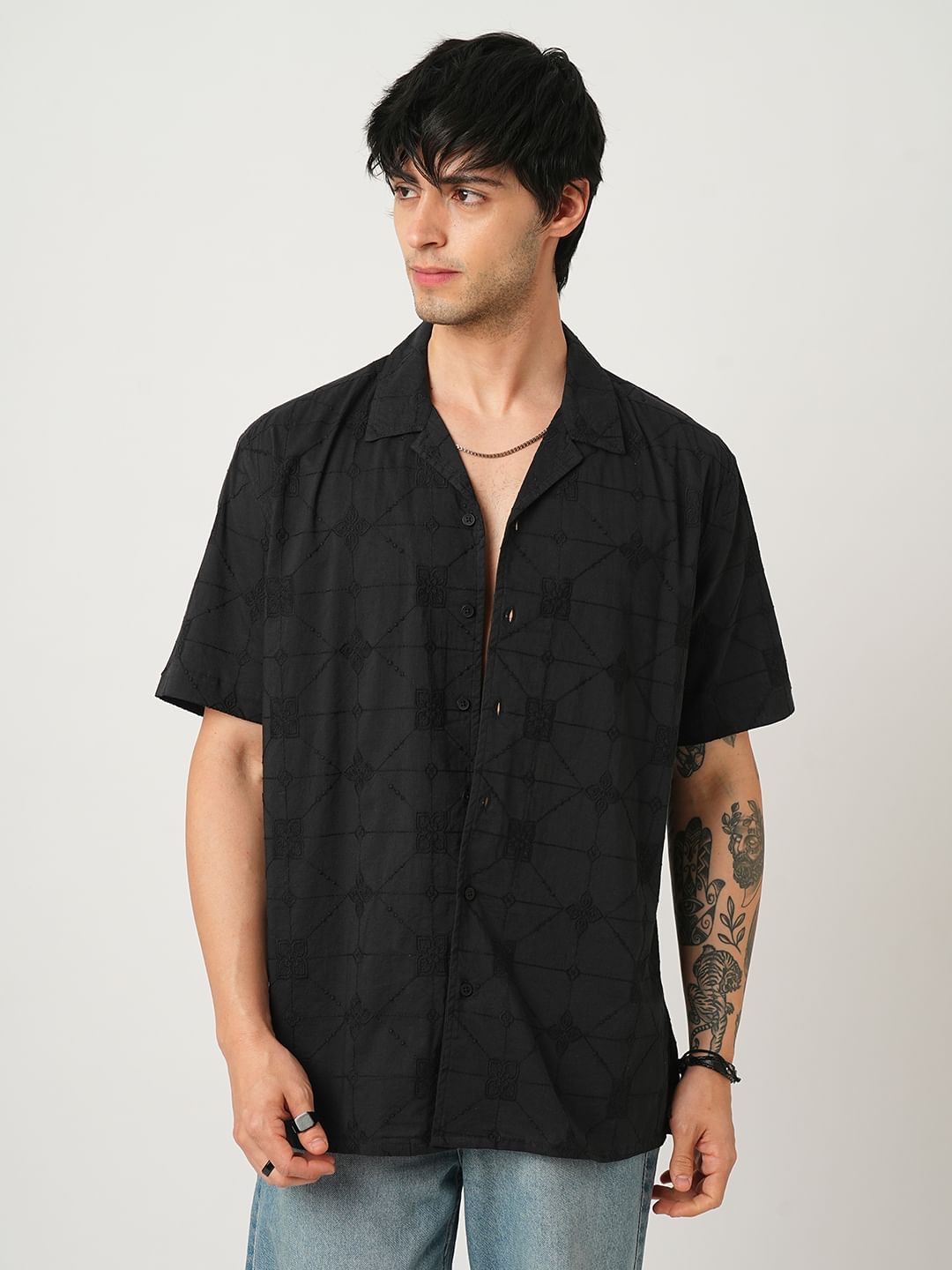 Quirky Black Embroidered Oversized Shirt