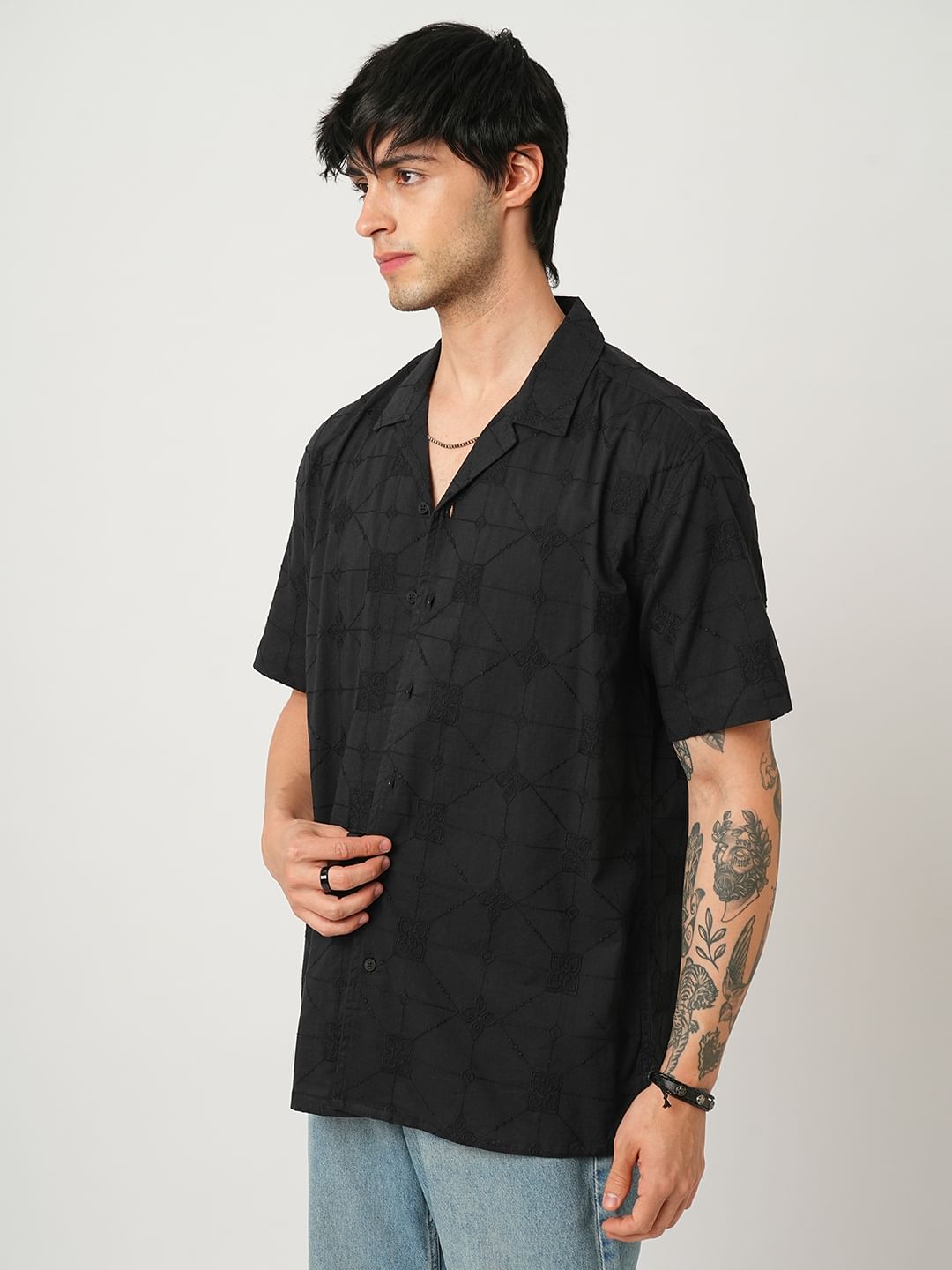 Quirky Black Embroidered Oversized Shirt