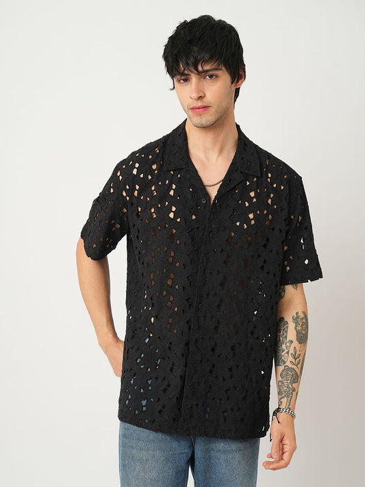 Floral Black Schiffli Oversized Shirt