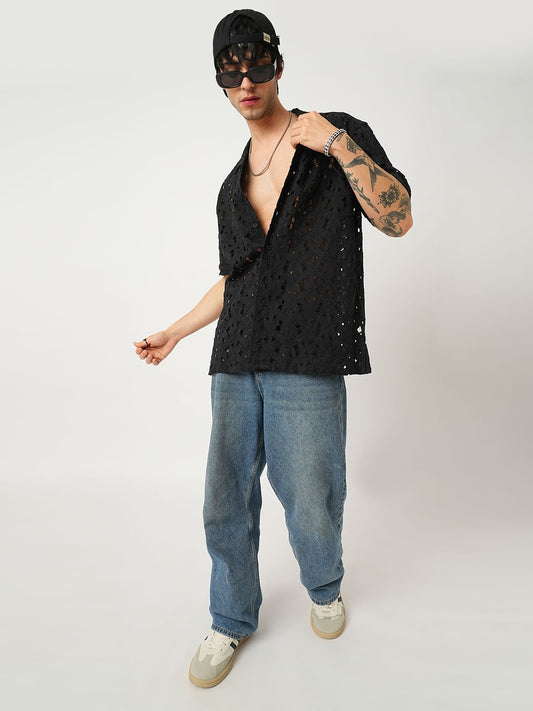 Floral Black Schiffli Oversized Shirt