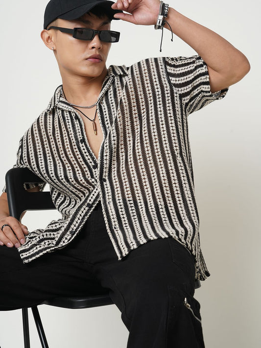 Exquisite Black Crochet Striped Oversized Shirt
