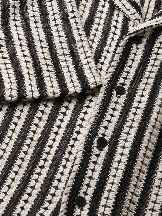 Exquisite Black Crochet Striped Oversized Shirt