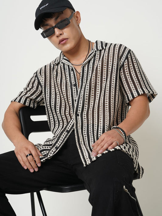 Exquisite Black Crochet Striped Oversized Shirt