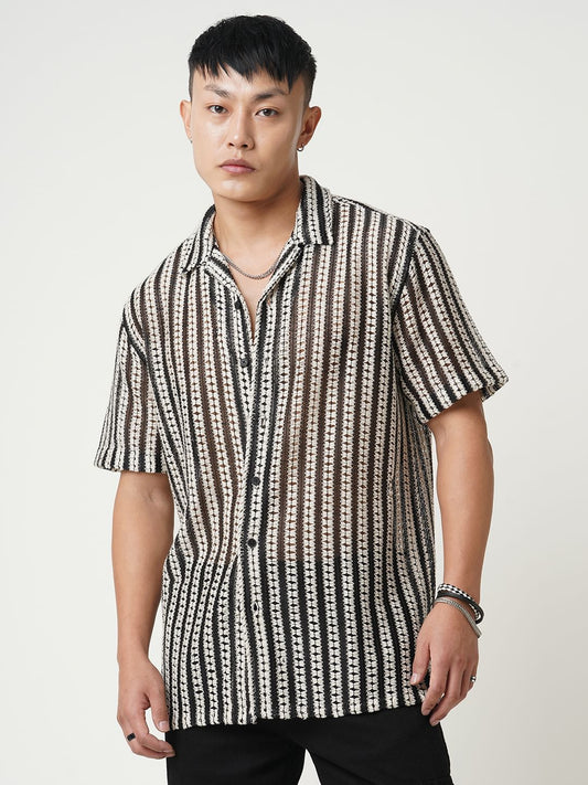 Exquisite Black Crochet Striped Oversized Shirt