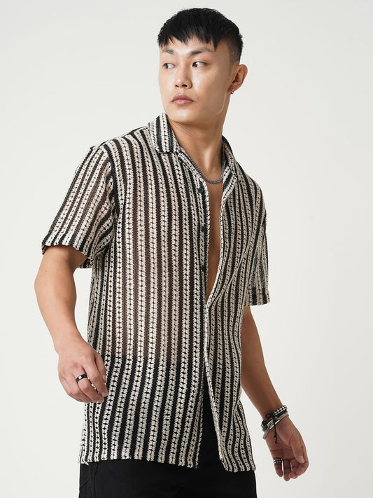 Exquisite Black Crochet Striped Oversized Shirt