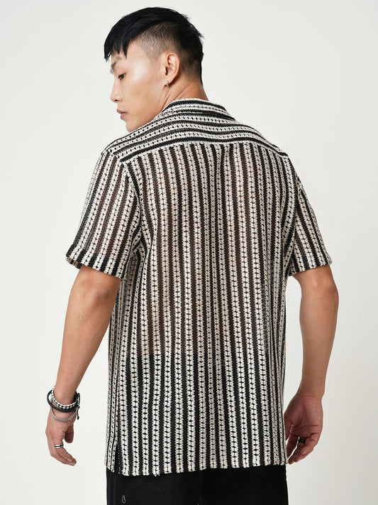 Exquisite Black Crochet Striped Oversized Shirt