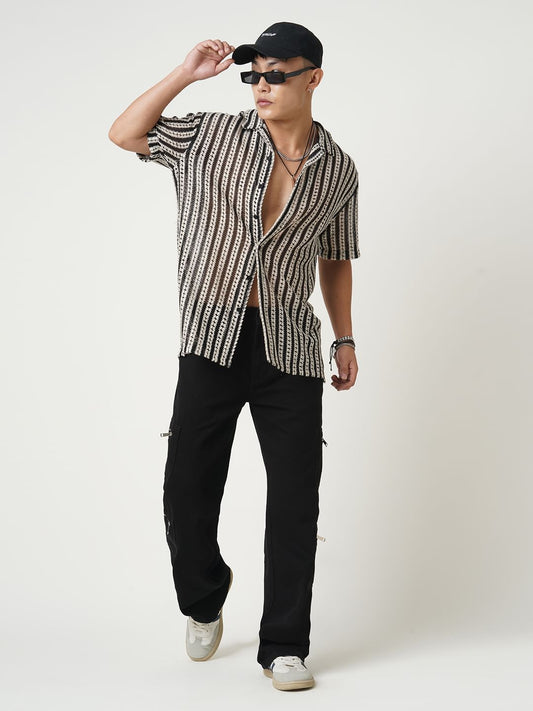 Exquisite Black Crochet Striped Oversized Shirt