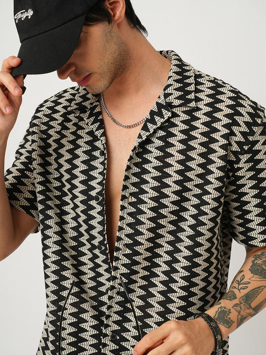 Zig-Zag Black Crochet Oversized Notch Collar Shirt