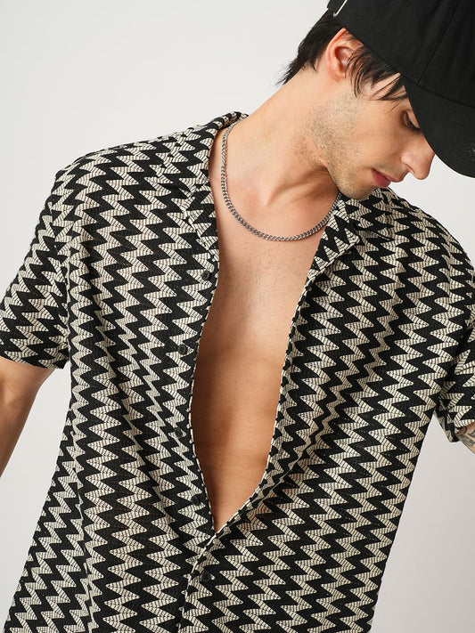Zig-Zag Black Crochet Oversized Notch Collar Shirt