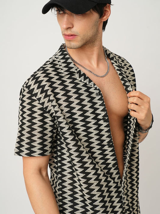 Zig-Zag Black Crochet Oversized Notch Collar Shirt