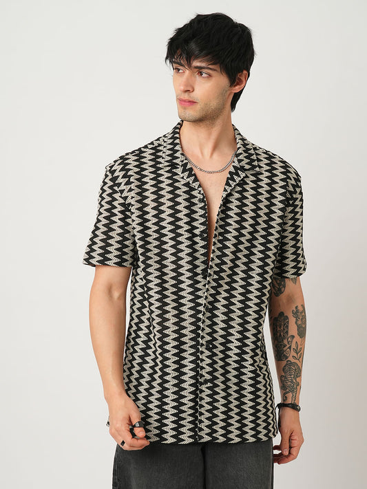 Zig-Zag Black Crochet Oversized Notch Collar Shirt