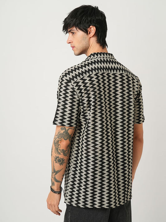 Zig-Zag Black Crochet Oversized Notch Collar Shirt