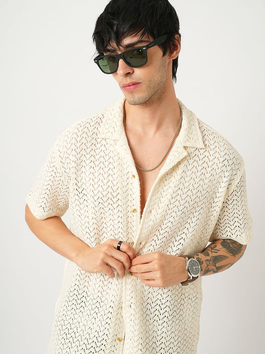 Voguish Crochet Beige Oversized Shirt