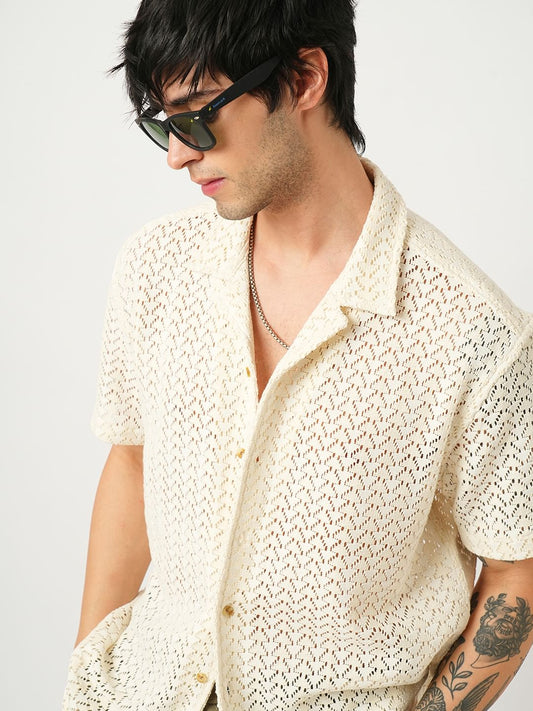 Voguish Crochet Beige Oversized Shirt