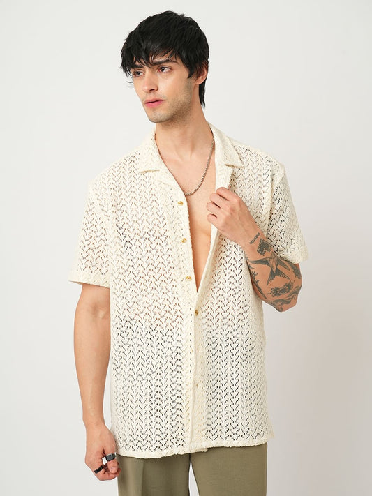 Voguish Crochet Beige Oversized Shirt