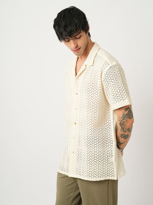 Voguish Crochet Beige Oversized Shirt