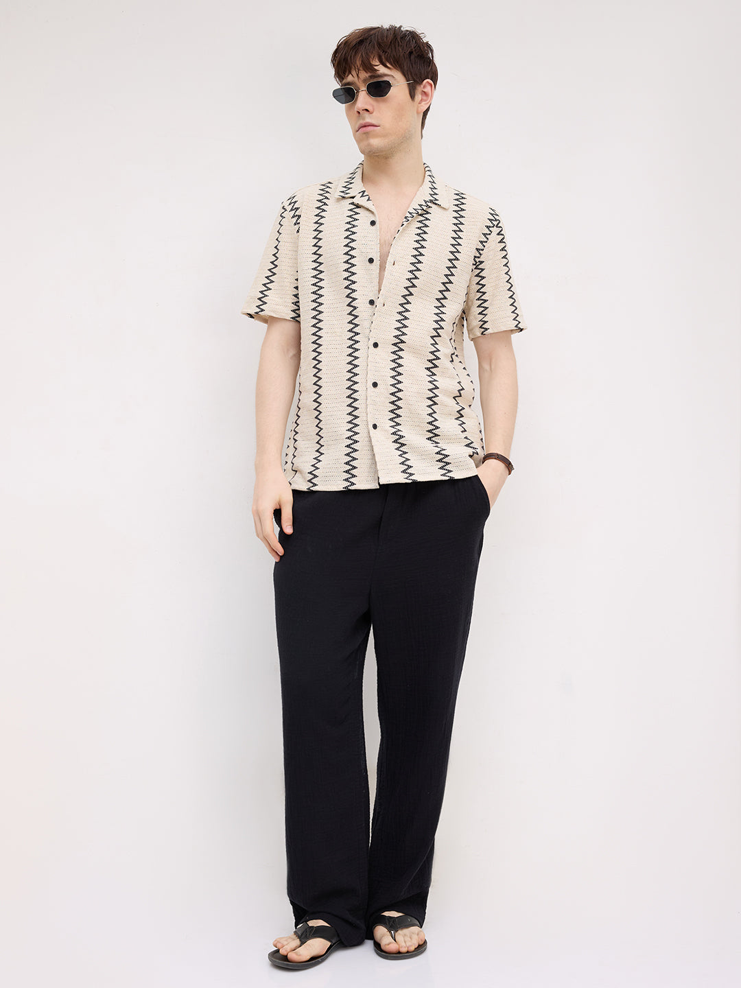 Beige & Black Chevron Striped Notch Collar Oversized Shirt