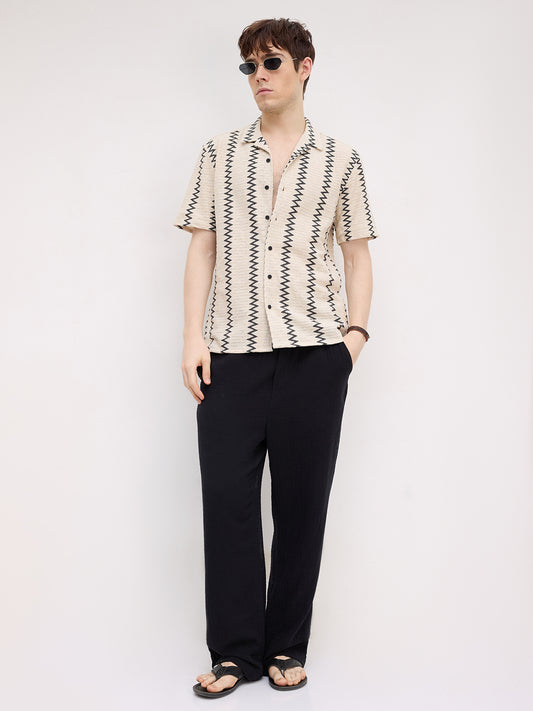 Beige & Black Chevron Striped Notch Collar Oversized Shirt
