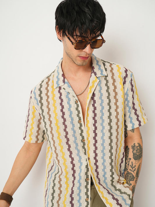 Multicolour Asymmetric Striped Oversized Crochet Shirt