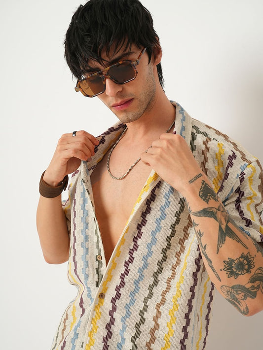 Multicolour Asymmetric Striped Oversized Crochet Shirt